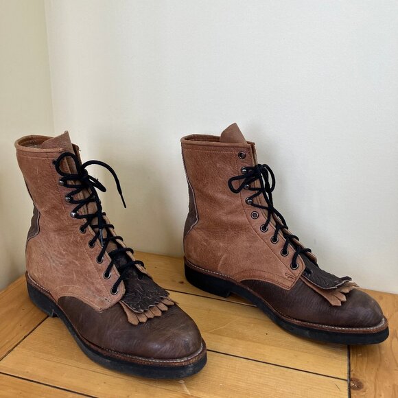 Brahma Leather Lace-Up Boots Roper Western Kiltie Fringe Two-Tone Brown - Picture 4 of 7